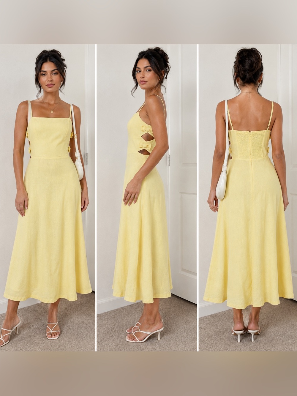 WAYF Butter Yellow Linen‎ Blend Midi Dress Bow Cutout Size Medium